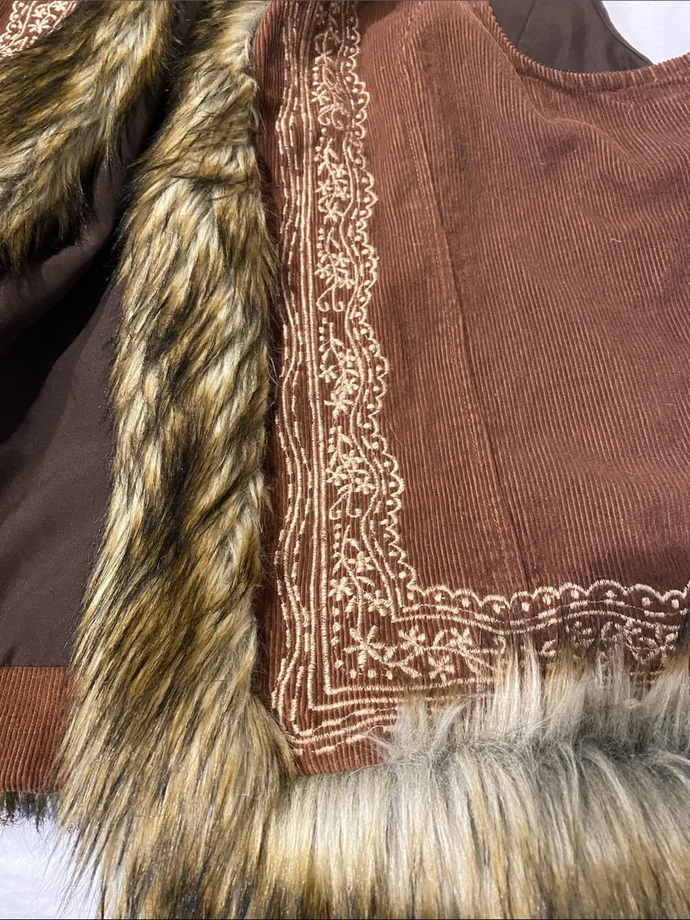 House of Skye Embroidered Corduroy Vest with Faux Fur Trim - Brown